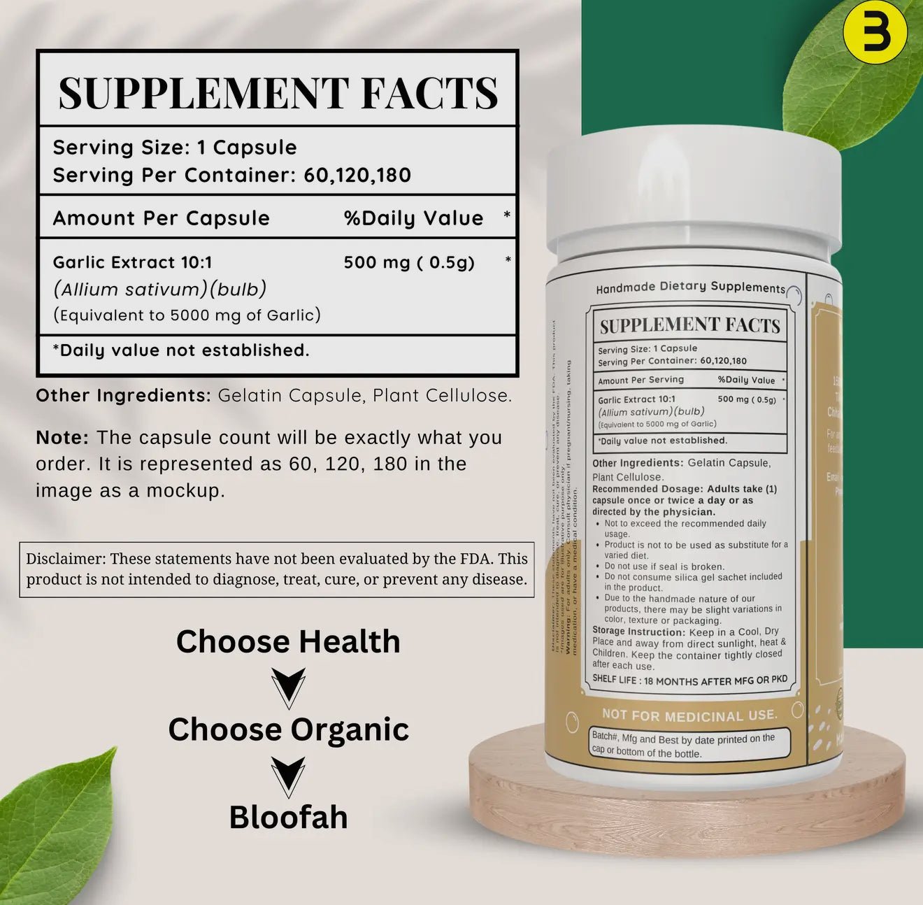 Bloofah Garlic Extract Capsules – 500mg Herbal Defense (60/120/180 Count) - Beyond The Veils