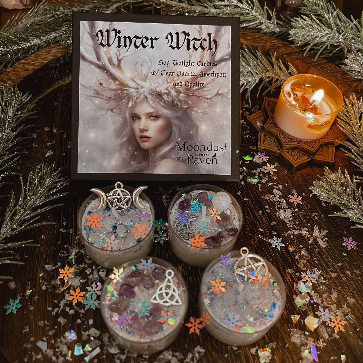 Winter Witch Tealight Crystal Candles, Yule, Winter Solstice - Beyond The Veils