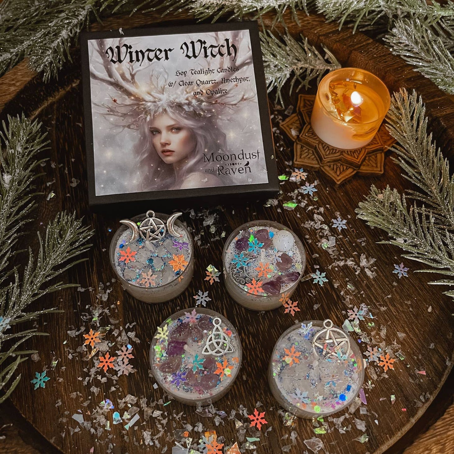 Winter Witch Tealight Crystal Candles, Yule, Winter Solstice - Beyond The Veils