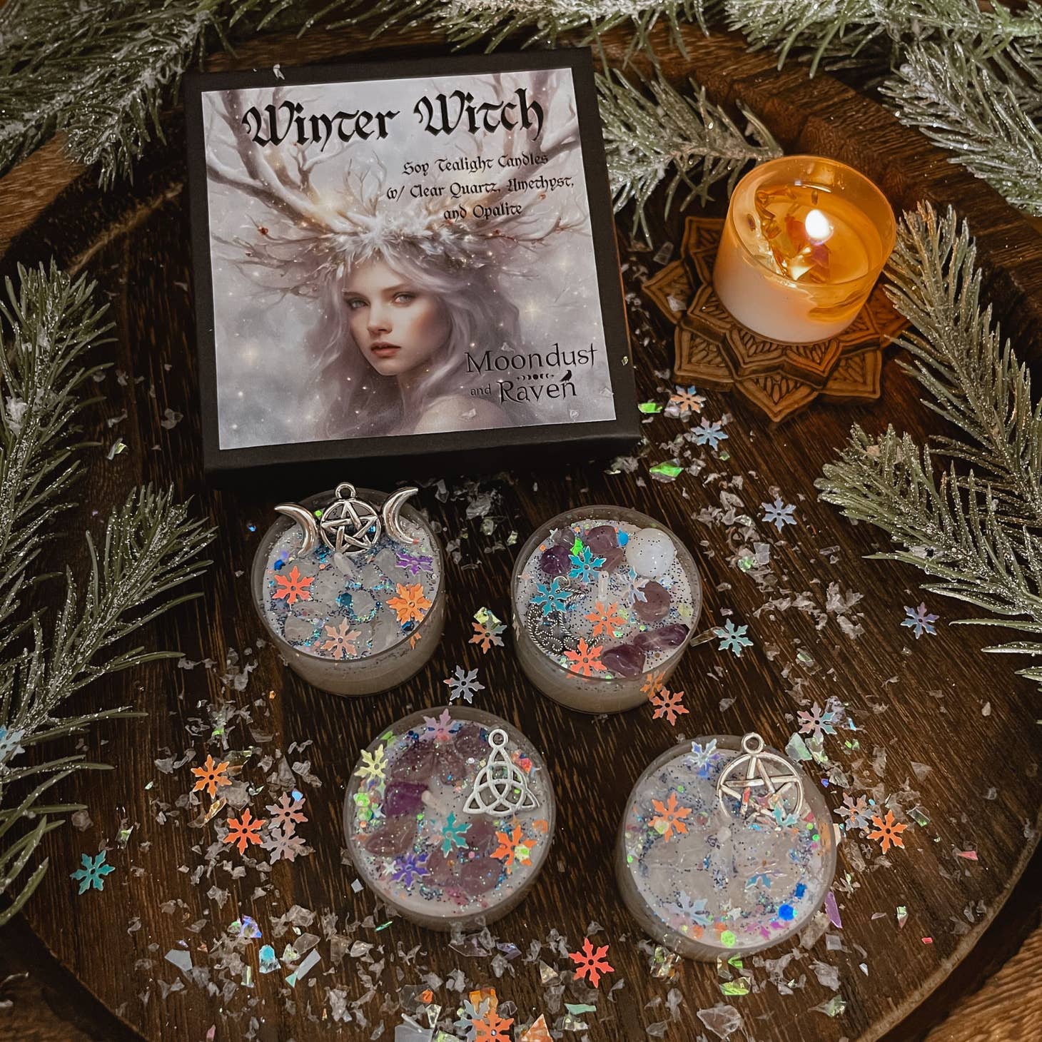 Winter Witch Tealight Crystal Candles, Yule, Winter Solstice - Beyond The Veils
